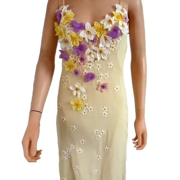 MOSCHINO IVORY LEMON 3D FLOWER APPLIQUES BEADED SILK SLIP DRESS USA 12 IT46 PURP - Picture 3 of 13
